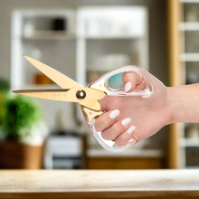Load image into Gallery viewer, A person is holding clear-handled scissors with a golden blade.