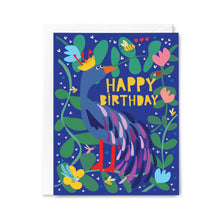 Load image into Gallery viewer, greeting card featuring colourful illustration of a bird wearing a crown . ext happy birthday 
