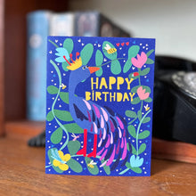Load image into Gallery viewer, greeting card with colourful illustration of a bird. text happy birthday 
