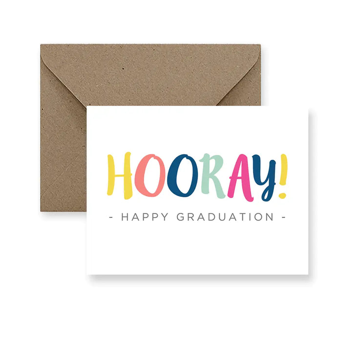 a greeting card with colourful text. hooray! happy graduation