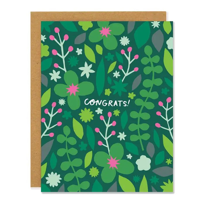 a greeting card with illustration of flowers in green colour with text. congrats!