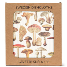 Load image into Gallery viewer, a SWEDISH dishcloth faturing an array of fungi and mushrooms in a brown paper package