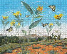 Load image into Gallery viewer, a jigsaw puzzle depicting sunflowers and butterflies in a field
