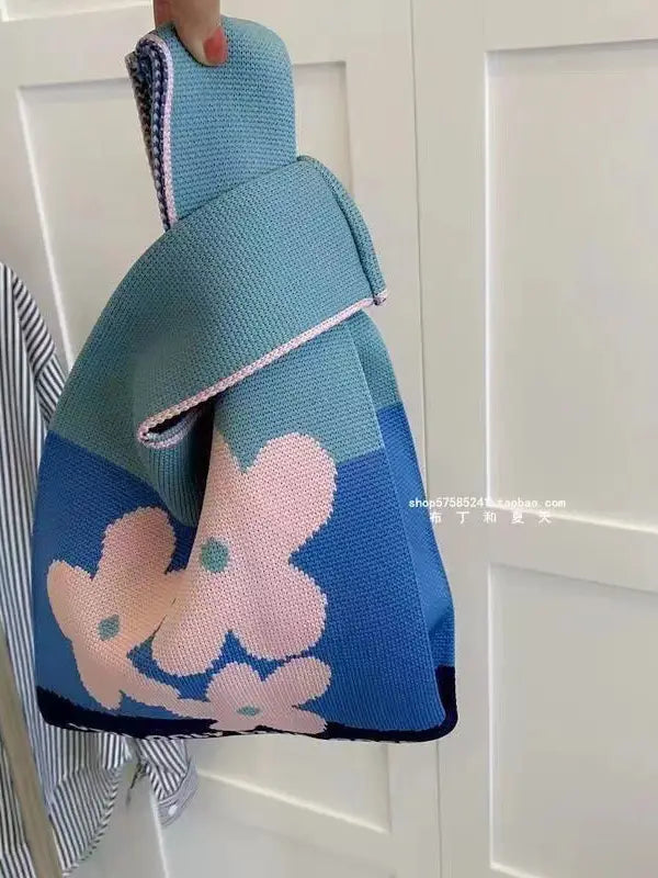 mini knot handbag  - blue & pink flower with text