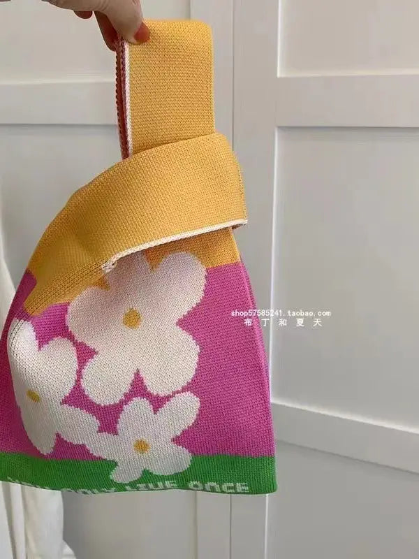 mini knot handbag  - pink yellow - flower with text