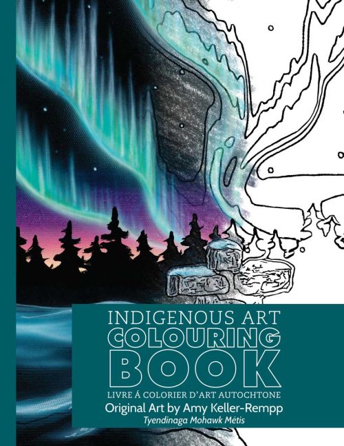 an indigenous desing colouring book depicting an Inukshuk and northern lights scene