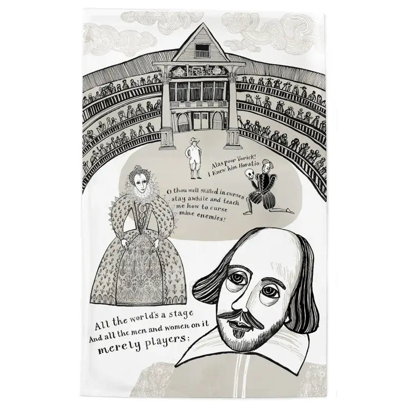 a tea towel with an artist depiction of queen elizabeth the first and willian shakespeare 