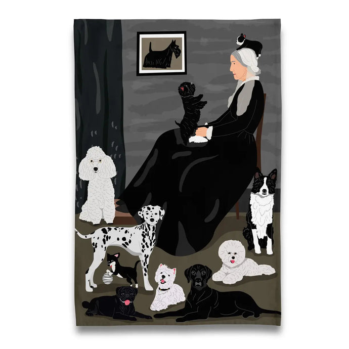 a colour tea towel depicting whislter's mother featuring all sorts of dogs and whimsy 