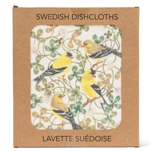 Load image into Gallery viewer, a Swedish dishcloth featuring yellow finch birds on clover leaves in a brown package