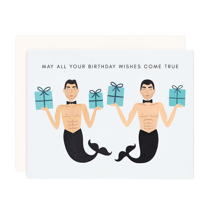 colour illustration of 2 male mermaids with wrapped gifts in their hands