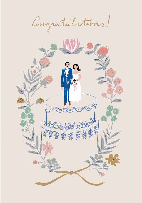 illustration of a bride and groom on top of a wedding cake. text congratulations