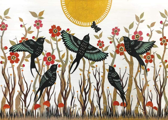 colour illustration of a flock of birds within trees and plants rising up to the sunshine 