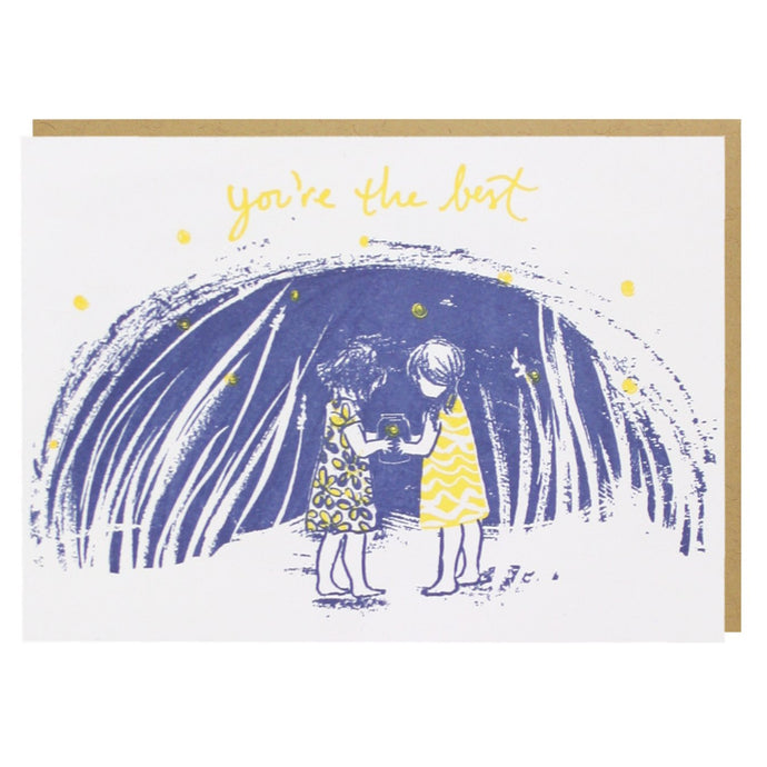 illustration of two little girls holding and looking onto a jar with fireflies. text you're the best 