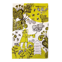 Load image into Gallery viewer, a tea towel with an art depiction of a bee keeper and bee skep 
