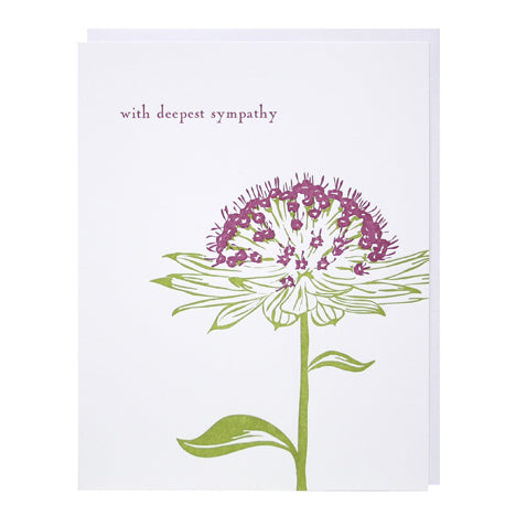illustration of a flower blossom with leaves. text with deepest sympathy. 