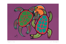Load image into Gallery viewer, colourful painting Indiginous artist of 2 turtles, purple, green, orange
