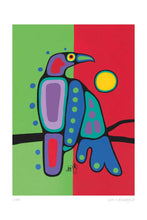 Load image into Gallery viewer, colourful painting Indigenous artist of a crow, red, purple, blue, yellow , green
