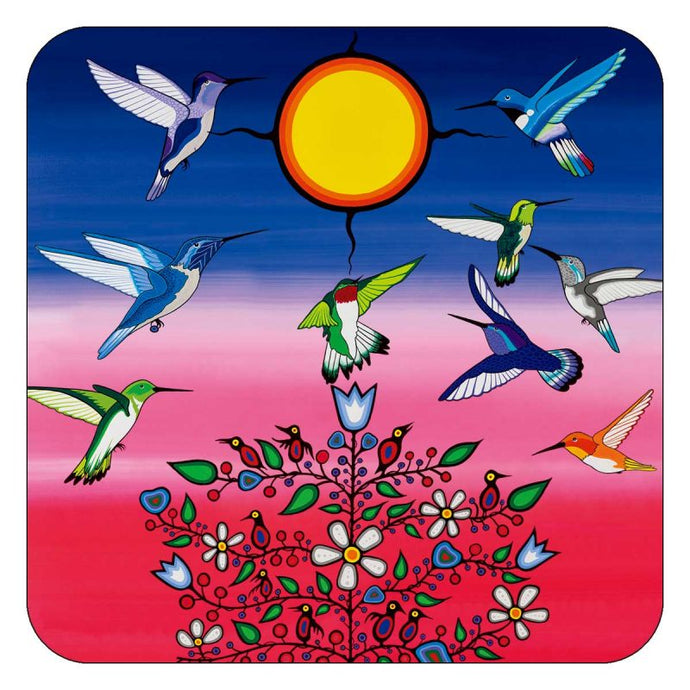 An Indigenous art image of hummingbirds and flowers on a drink coaster 