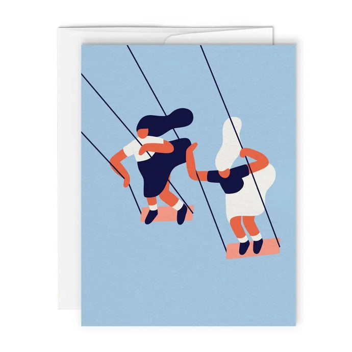 colour illustration of two women flying high on a swing set very modern 