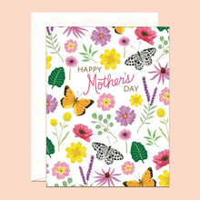 Load image into Gallery viewer, a greeting card with illustration of colourful butterflies and flowers with text. happy mothers day
