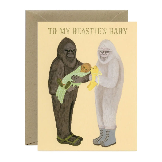 a greeting card depicting 2 sasquatch , one holding a baby sasquatch the other a baby toy. text to my besties baby 