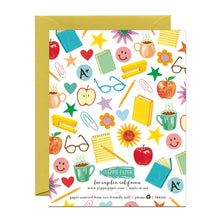 Load image into Gallery viewer, the reverse side of a greeting card with things associated with teaches, note books, apples, notepads, stars, eyeglasses, stapler. no text 
