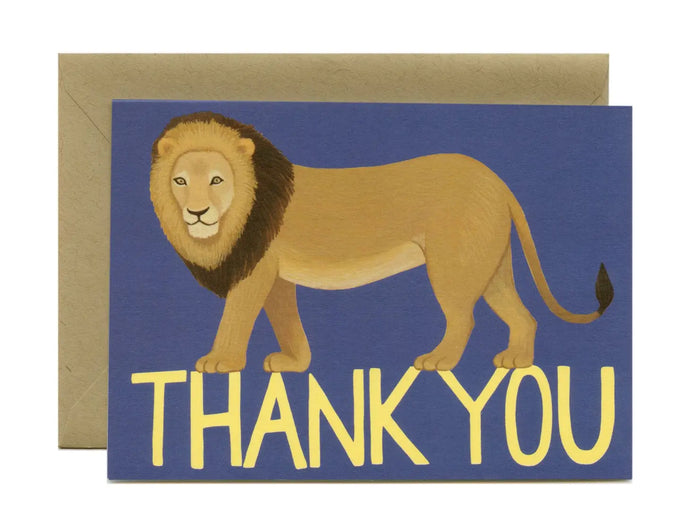 a greeting card with an illustration of a male lion and text: thank you 
