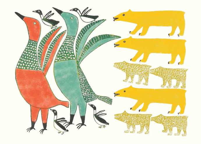 a greeting card with image by Inuit artist Anna KIngwatusiak of a group of hungry polar bears facing a group of scared northern birds 