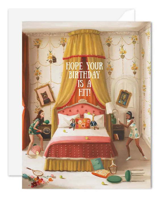 an illustration of 2 women playing tennis across a bed with a canopy . text hope your birthday is a hit 