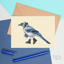 Load image into Gallery viewer, a greeting card with a blue jay bird wearing blunstone boots and a walkman 
