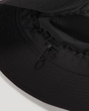 Load image into Gallery viewer, the inside of a black baggu bucket hat showing the inside adjustable strap 
