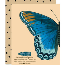 Load image into Gallery viewer, the reverse side of a greeting card pictures a half of a blue butterfly. the other half can be seen on the front of the card