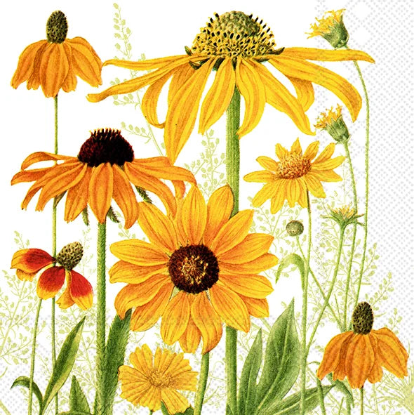 a paper napkin depicting yellow coneflowers and daisies 
