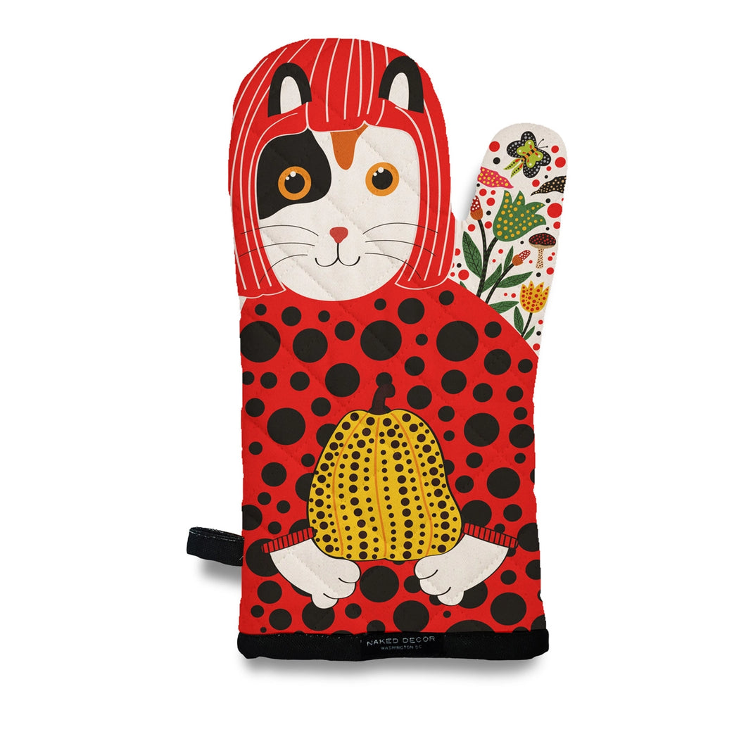 an oven mitt with illustration of a polka dot cat in style of Japanese artist Kusama 