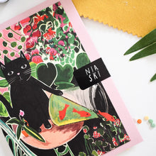 Load image into Gallery viewer, a black cat on a greeting card that has knocked over a vase with gold fish in it. in the style of painter henri matisse , no text