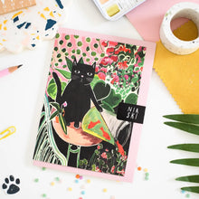Load image into Gallery viewer, a greeting cad with illustration of a black cat that has knocked over a vase with goldfish in the style of artist henri matisse goldfish painting 
