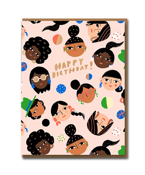 a greeting card with artful images of all sorts of peoples faces from all walks of life. text happy birthday 