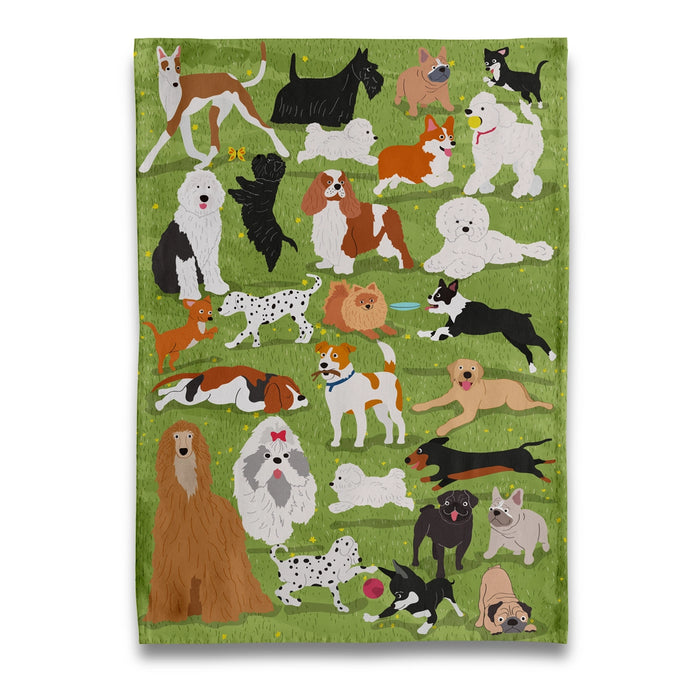 a green coloured tea towel covered in all sorts of dogs 