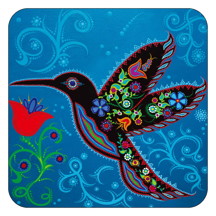 a drink coaster depicting a Indigenous design hummingbird 