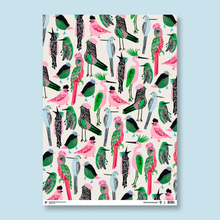 Load image into Gallery viewer, colourful illustration of exotic birds in blue pink and greens
