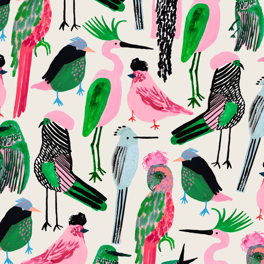 illustration of exotic birds in blue green and pink