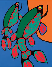 Load image into Gallery viewer, colourful painting Indigenous artist of 2 fish blue, orange, green
