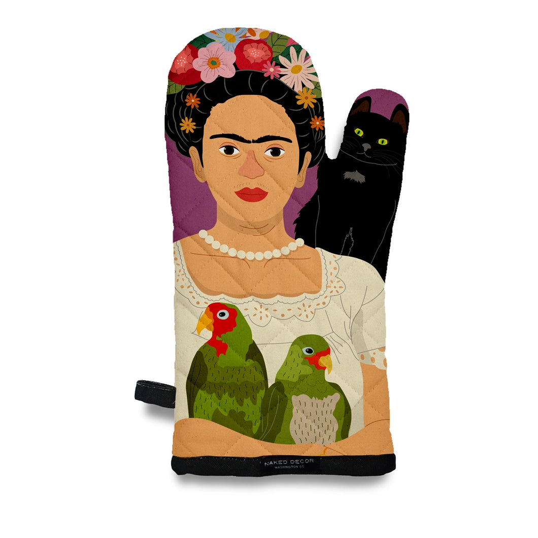 frida  with her parrots and black cat oven mitt