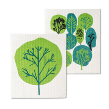 Load image into Gallery viewer, a pair of Swedish dishcloths with green modern trees motif 
