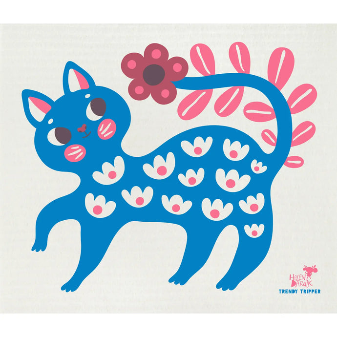 a Swedish dish cloth in natural colour with a pink and blue cat covered in flowers 