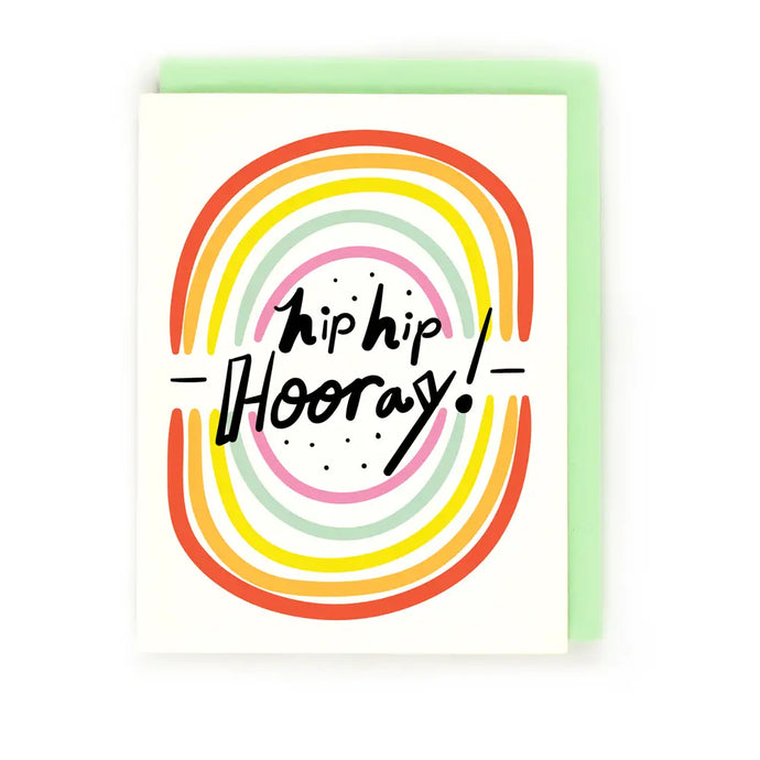 GREETING CARD WITH ROUND RAINBOW PICTURE AND TEXT HIP HIP HOORAY INSIDE IT 