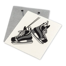Load image into Gallery viewer, a pair of kitchen dishcloths with hockey sticks and hockey skates featured on them 
