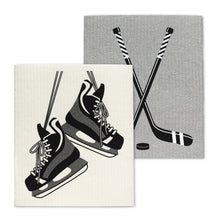 Load image into Gallery viewer, a kitchen dishcloth set . one with hocley skates and one with hockey sticks . no text
