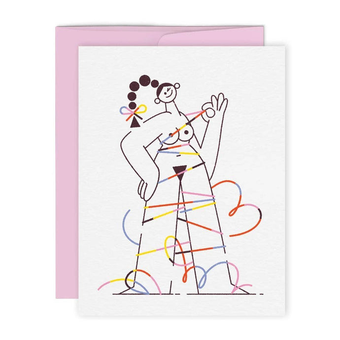 illustration of a naked woman wrapped up in colourful ribbon