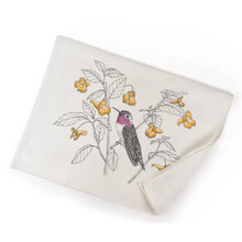 Load image into Gallery viewer, a white tea towel with an illustration of a pink throated hummingbird sitting  on a branch 
